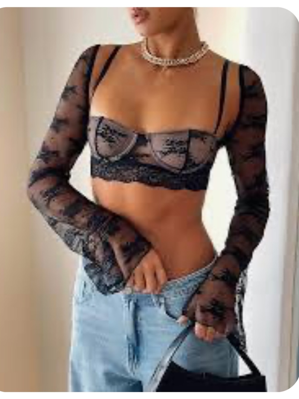 White Fox Boutique Black Sheer Lace Long-Sleeve Crop Camisole